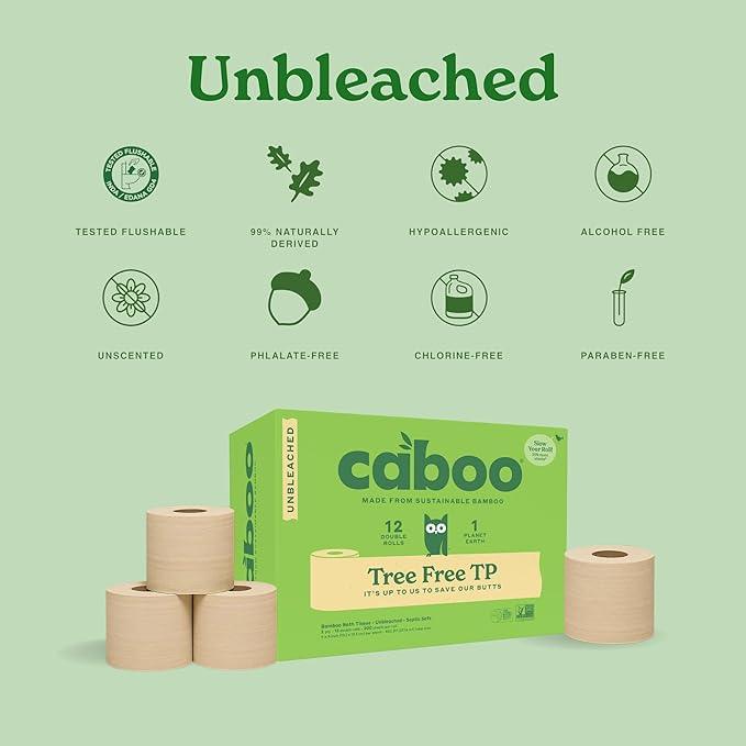 Caboo Tree Free Unbleached Toilet Paper | Plastic Free Packaging, Septic Safe, Eco Friendly, Chemical Free, Non Toxic | 2 Ply Toilet Tissue, Pack of 12 Double Rolls, 300 Sheets Per Roll - ModernBath