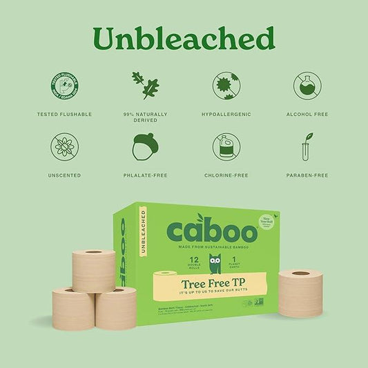 Caboo Tree Free Unbleached Toilet Paper | Plastic Free Packaging, Septic Safe, Eco Friendly, Chemical Free, Non Toxic | 2 Ply Toilet Tissue, Pack of 12 Double Rolls, 300 Sheets Per Roll - ModernBath