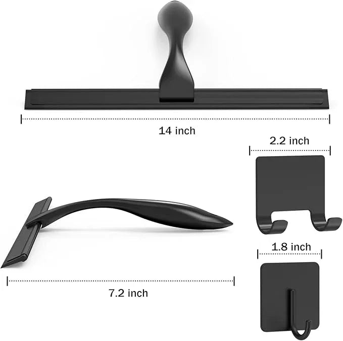 All-Purpose Stainless Steel Shower Squeegee for Shower Doors with 2 Adhesive Hooks, Bathroom Cleaner Tool Household Window Mirror Squeegee for Home Cleaning, Glass Door, Tile Wall, Car, 14 Inch Black - ModernBath