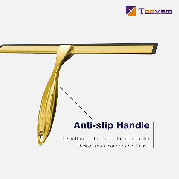 TOOVEM 12 Inch Shower Squeegee for Glass Doors, Window, Bathroom, Car Windshield, Shower Cleaning Tools with S Hook, Square Sticky Hook（Gold） - ModernBath