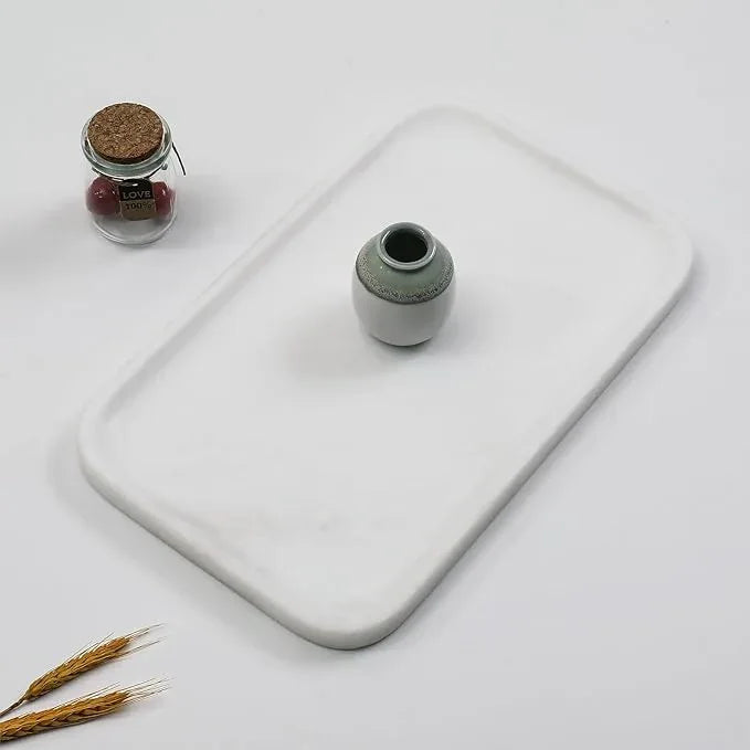 Yew & Tulip 14" x 8.5" Natural Marble Tray for Kitchen, Bathroom, Living Room – Serving/Decorative Vanity Tray for Jewelry, Candles, Decor (Matte White) - ModernBath