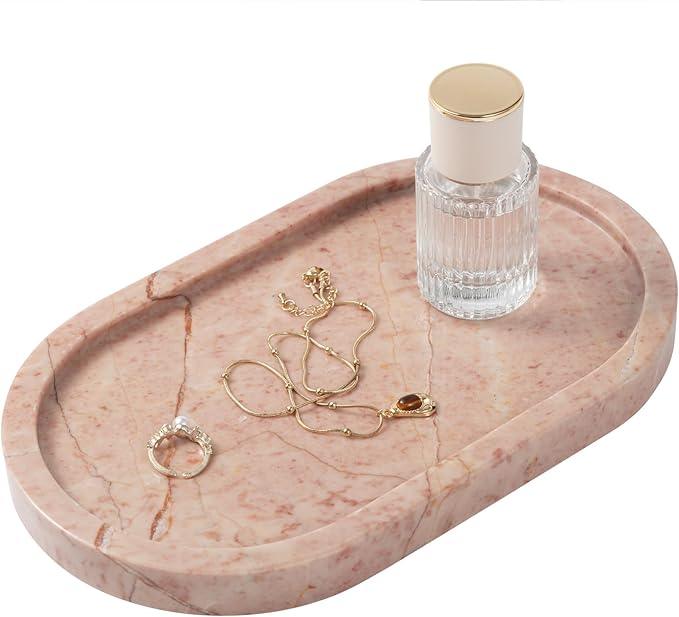 Cream Rose Marble Oval Tray 10x6 Inch - Vanity & Bathroom Organizer, Coffee Table Decor - Weighted Stone Base - ModernBath