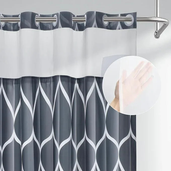 Yiatn Dark Grey Ringless Shower Curtain with Snap in Liner - Hotel Style with See Through Mesh Top Window, Modern Geometric Waterdrop Design,Waterproof and Washable,- 71x74 INCH - ModernBath