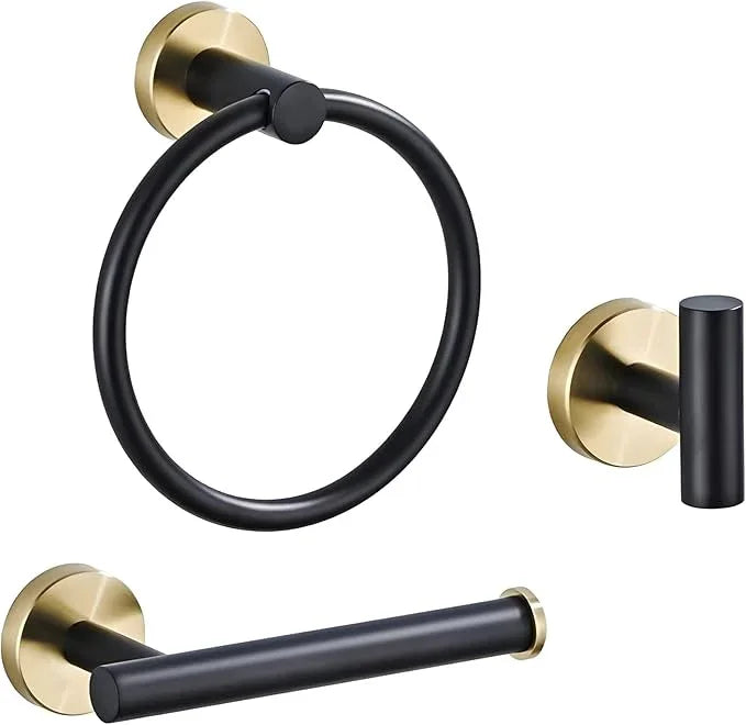 Bathroom Hardware Set 3 Piece Black&Gold Wall Mounted Stainless Steel Hardware Towel Bar Set Gold Bathroom Accessories Towel Rack Set Kit Includes Hand Towel Ring, Toilet Paper Holder, Robe Hook - ModernBath