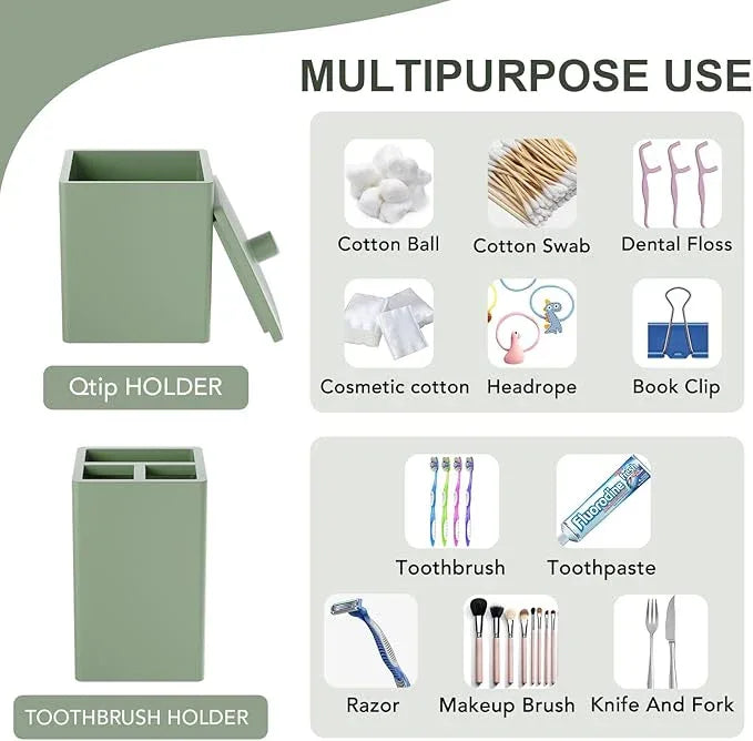 Sage Green Bathroom Accessories Set Resin 6PCS, Square Toothbrush Holders Set Complete with Soap Dispenser, Vanity Tray, Tumbler, Cups and Cotton Swab Jars for Counter, Sink or Small Spaces - ModernBath