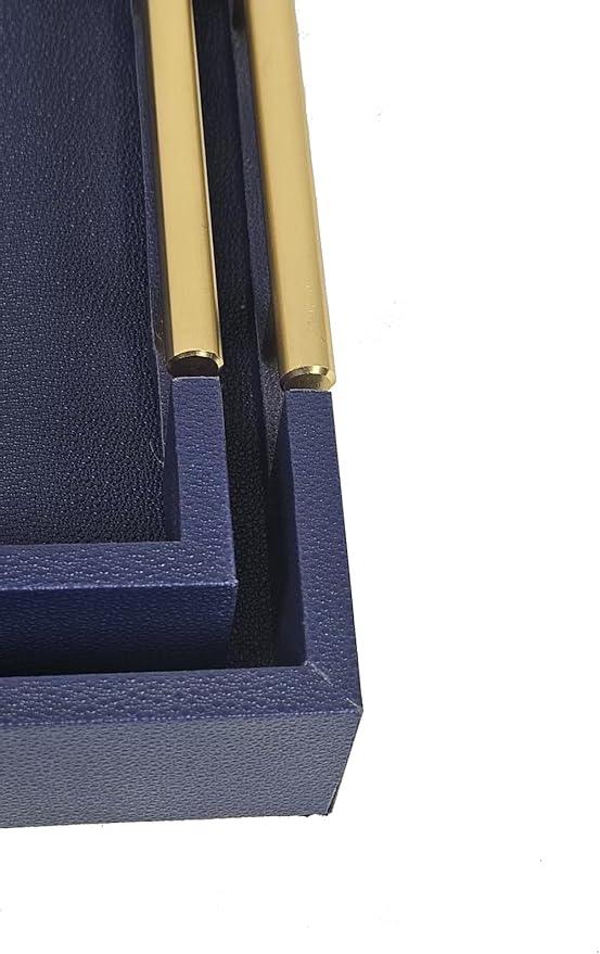 Set of 2 Wood Serving Tray with Gold Polished Metal Handles, Home Decorative Wooden Rectangle Ottoman Leather Decor Platter Bathroom Vanity Tray for All Occasions (Blue) - ModernBath