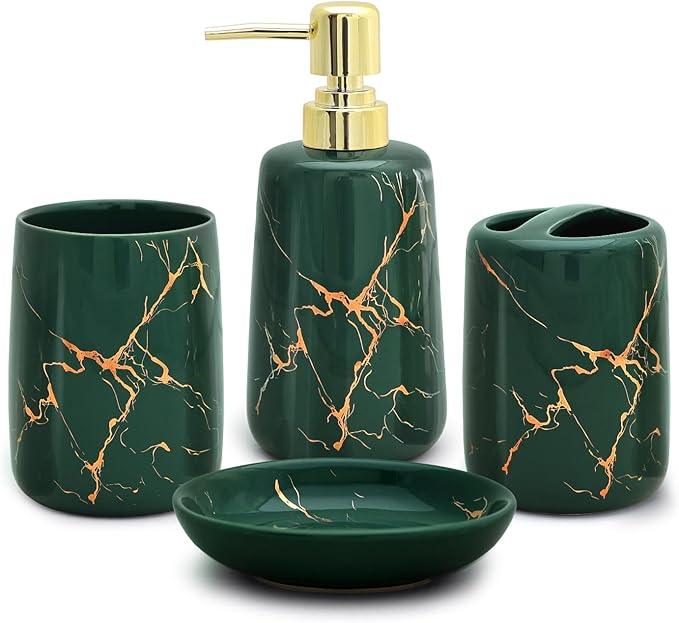 CERBIOR Bathroom Accessories Set,4 Pcs Ceramic Bathroom Decor Accessory,Includes Toothbrush Holder, Toothbrush Cup, Soap Dish for Decorative Countertop and Housewarming Gift(Green 4pcs) - ModernBath