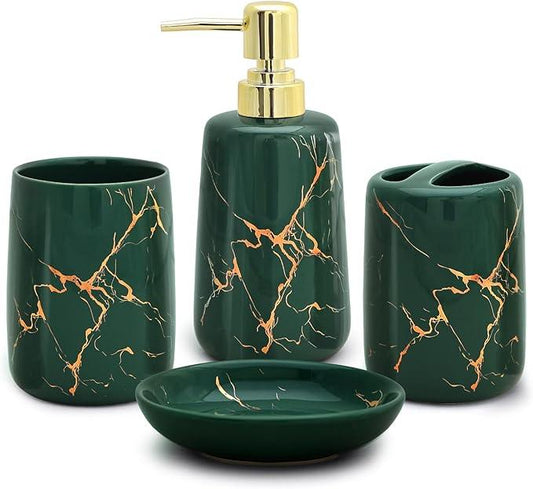 CERBIOR Bathroom Accessories Set,4 Pcs Ceramic Bathroom Decor Accessory,Includes Toothbrush Holder, Toothbrush Cup, Soap Dish for Decorative Countertop and Housewarming Gift(Green 4pcs) - ModernBath
