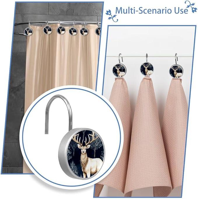 12 Packs Deer Shower Curtain Hooks, Crystal Glass Shower Curtain Rings for Bathroom, Rustproof Metal Decorative Curtain Rod Hooks, Stainless Steel - ModernBath