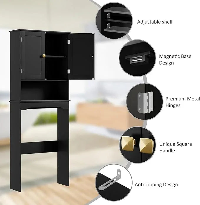 RRX Bathroom Over The Toilet Storage Cabinet, Above Toilet Cabinets Organizer, 24.8" L x 9.1 "W x 65.7 "H Free Standing Toilet Rack with Adjustable Shelf and Open Storage(Black) - ModernBath