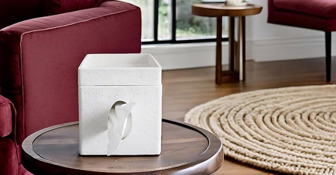 Hymmah Tray Tissue Box Cover Holder Unique Cube Design Tissue Dispenser Cover Decor for Vanity Counter Tops Also Great for Bedroom and Living Room White - ModernBath