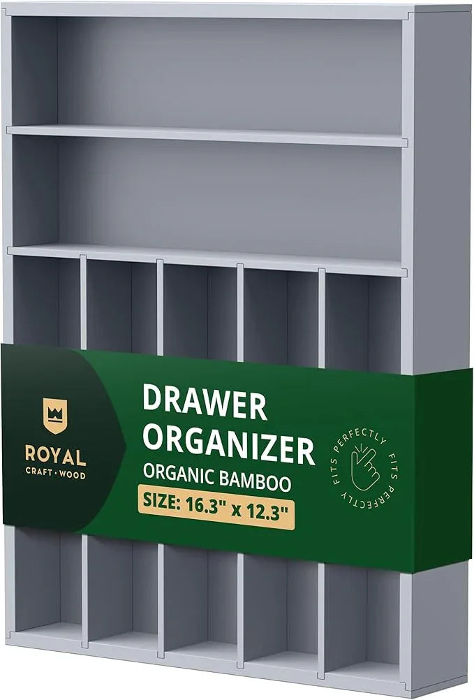 ROYAL CRAFT WOOD Luxury Bamboo Kitchen Drawer Organizer - Silverware Organizer - Utensil Holder and Cutlery Tray with Grooved Drawer Dividers for Flatware and Kitchen Utensils (7 Slot, Gray) - ModernBath