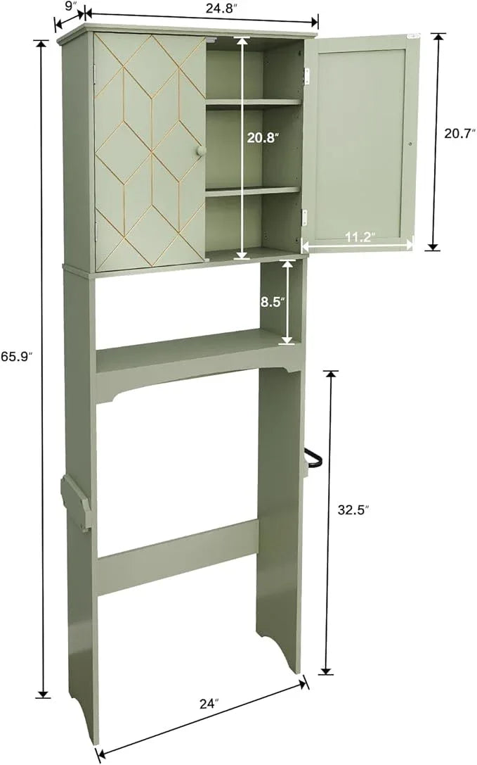 HLR Over The Toilet Storage Cabinet with Gold Trim, Over Toilet Bathroom Organizer with Adjustable Shelves and Toilet Paper Holder, Above Toilet Storage Cabinet Spacesaver for Bathroom (Green) - ModernBath