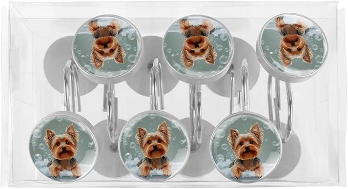 Bathing Dog and Bubbles Shower Curtain Hooks 12Pcs, Decorative Rust Resistant Shower Rings for Shower Curtain Rods, Stainless Steel Round Curtain Hooks for Bathroom, Bedroom, Farmhouse - ModernBath