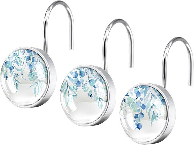 12 Pcs Spa Blue Eucalyptus Shower Curtain Hooks - Decorative Shower Curtain Hooks Rings Set - Farmhouse Stainless Steel Round Resin Shower Rings Hangers for Summer Bathroom Rods Decor - ModernBath