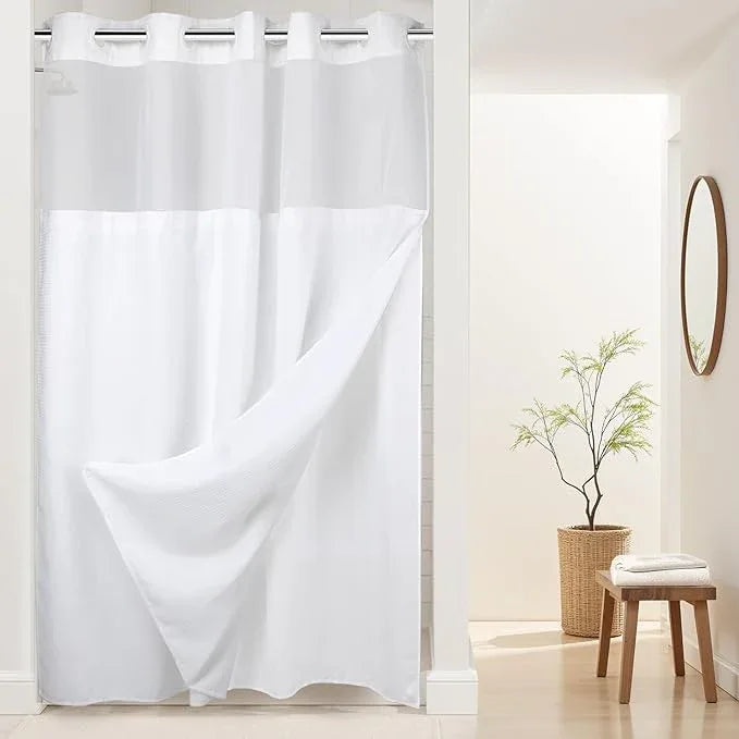 River Dream Heavyweight No Hooks Required Dotted Waffle Weave Shower Curtain with Snap in Liner - 60W x 74L, Hotel Grade, Spa Like Bath Curtain, White - ModernBath