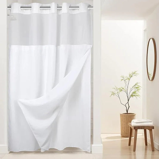 River Dream Heavyweight No Hooks Required Dotted Waffle Weave Shower Curtain with Snap in Liner - 60W x 74L, Hotel Grade, Spa Like Bath Curtain, White - ModernBath