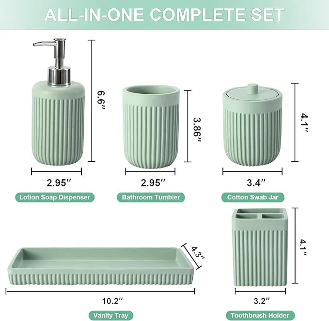 XLHOMO Resin Light Green Bathroom Accessories Set 5 Pcs, Lotion Soap Dispenser, Toothbrush Holder, Bathroom Tumbler, Qtip Holder and Vanity Tray, Bathroom Countertop Organizer Set for Modern Apartment - ModernBath