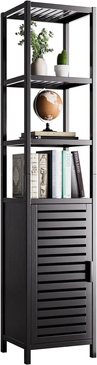 HITNET Bathroom Cabinet Freestanding, Tall Slim Bamboo Storage Cabinet with Shelves and Door, Space Saving Kitchen Cupboard Organizer, Black - ModernBath