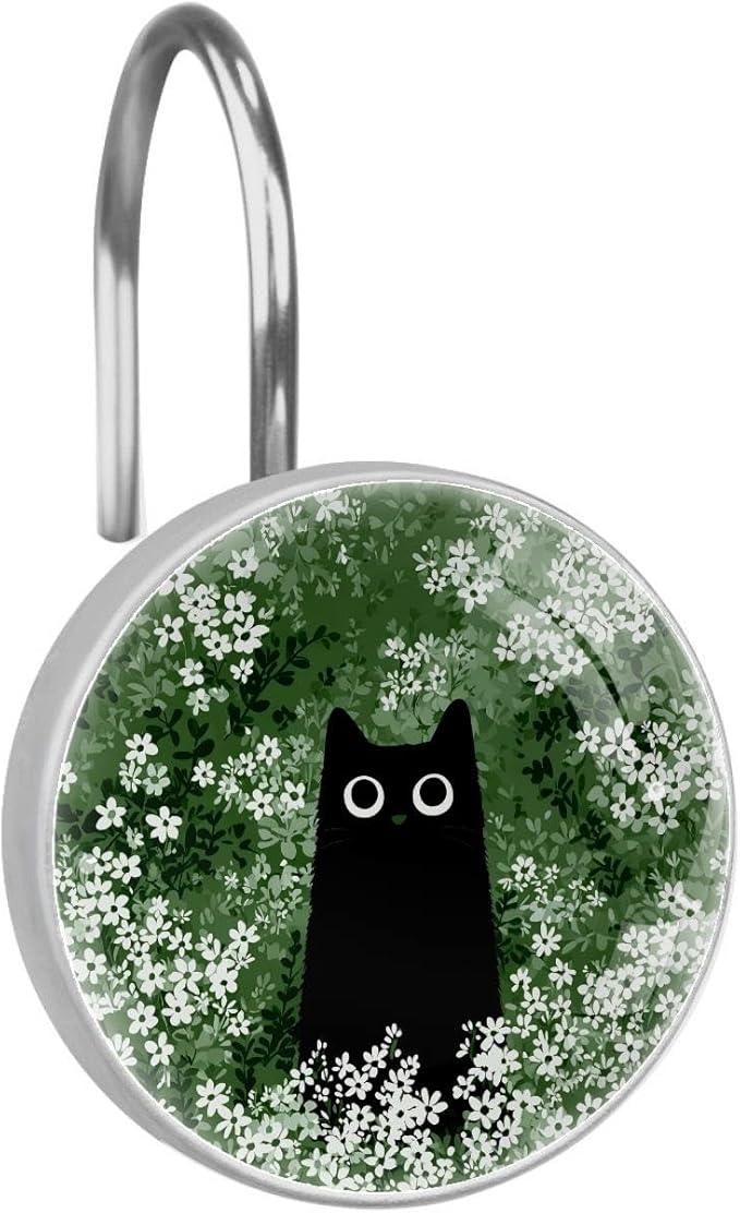 12 Packs Black Cat Floral Shower Curtain Hooks, Stainless Steel Glass Shower Curtain Rings for Bathroom, Rustproof Metal Curtain Rod Hooks - ModernBath
