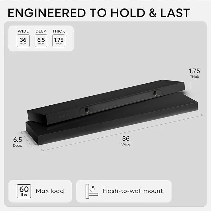 Homeforia Black Floating Shelves 36 inches Long, High End Solid Real Wood 36 inch Floating Shelf for Wall Mounted, Black Wooden 36in Floating Shelves, Heavy Duty Bracket, 36 X 6.5 X 1.75 in, Set of 2 - ModernBath