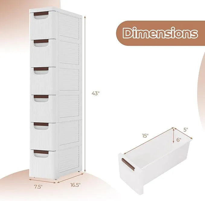 Giantex 6 Drawers Storage Cart, Narrow Plastic Dresser, Rolling Organizer Cart for Office Classroom Bedroom Bathroom Art Craft Supplies, Mobile Slim Utility Cart on Wheels (7.5"x16.5"x43") - ModernBath