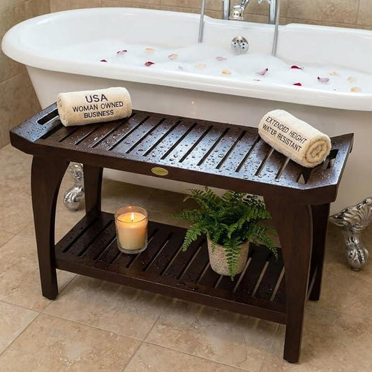 DecoTeak Tranquility 30 Inch Extended Height Brown Waterproof Teak Wood Shower Bench Stool Seat Chair for Inside Shower Storage Shelf Provides Safety Storage and Organization for Bathroom Accessories - ModernBath