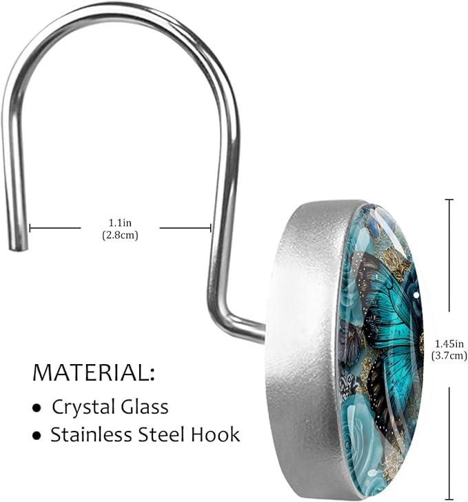 Navy Blue Butterfly Shower Curtain Hooks 12Pcs, Decorative Rust Resistant Shower Rings for Shower Curtain Rods, Stainless Steel Round Curtain Hooks for Bathroom, Bedroom, Farmhouse - ModernBath