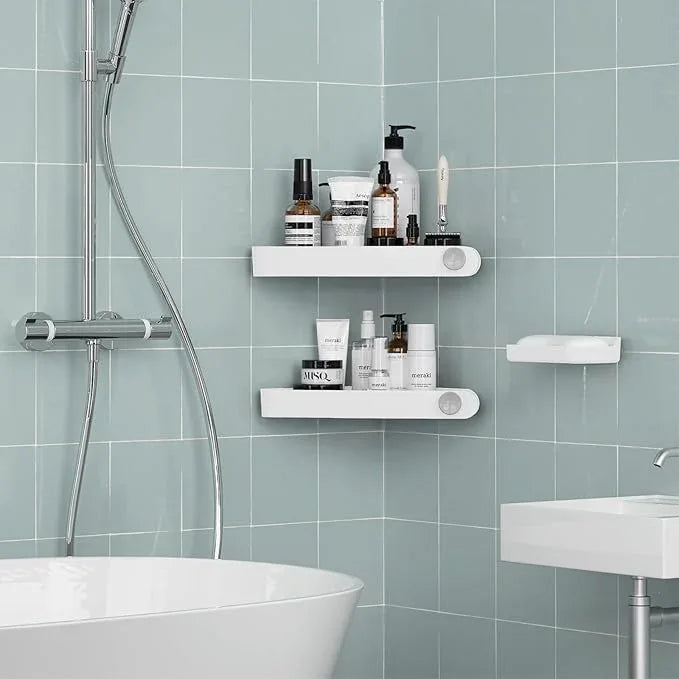 Sotfamily Shower Caddy Corner, Adhesive Corner Shower Shelves for Bathroom Organizers and Storage, Rust Free Plastic Rack for Bathroom Accessories & Decor, 2 Pack + Soap Dish, White - ModernBath