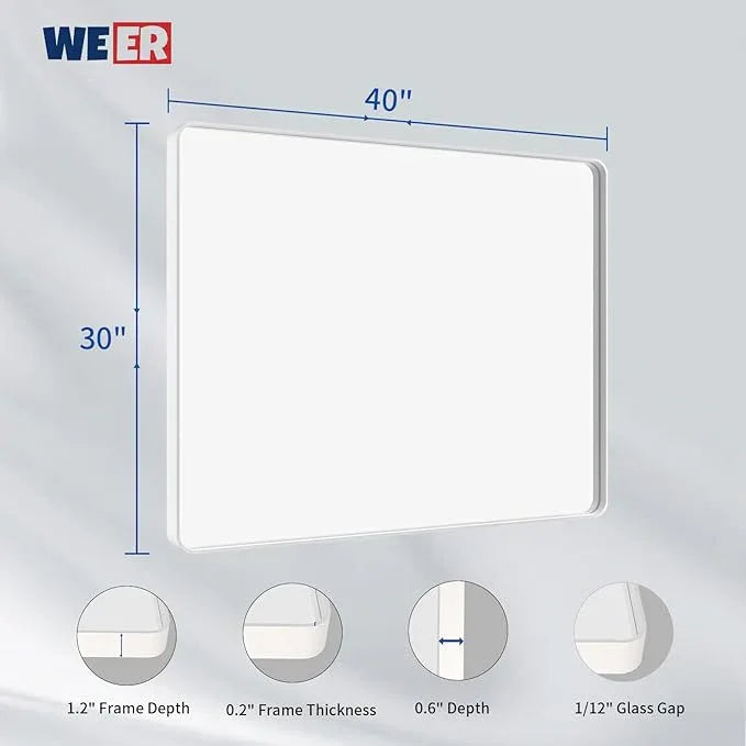 WEER White Bathroom Mirror 40X30 Inch, Rounded Rectangle White Metal Frame Mirror, Matte White Bathroom Vanity Mirror with Tempered Glass, Anti-Rust, Hangs Horizontally or Vertically - ModernBath