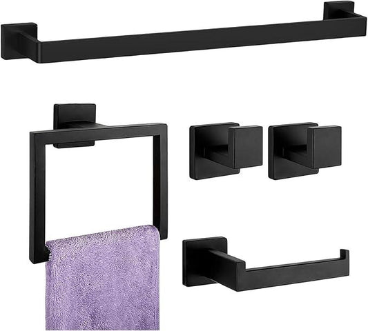 Bathroom Accessory Towel Bar Set: 5 Pieces Matte Black Square Bathroom Hardware SUS304 Stainless Steel - 24 Inch Wall Mounted Towel Rack&Toilet Paper Holder&Towel Ring and Towel Hook - ModernBath