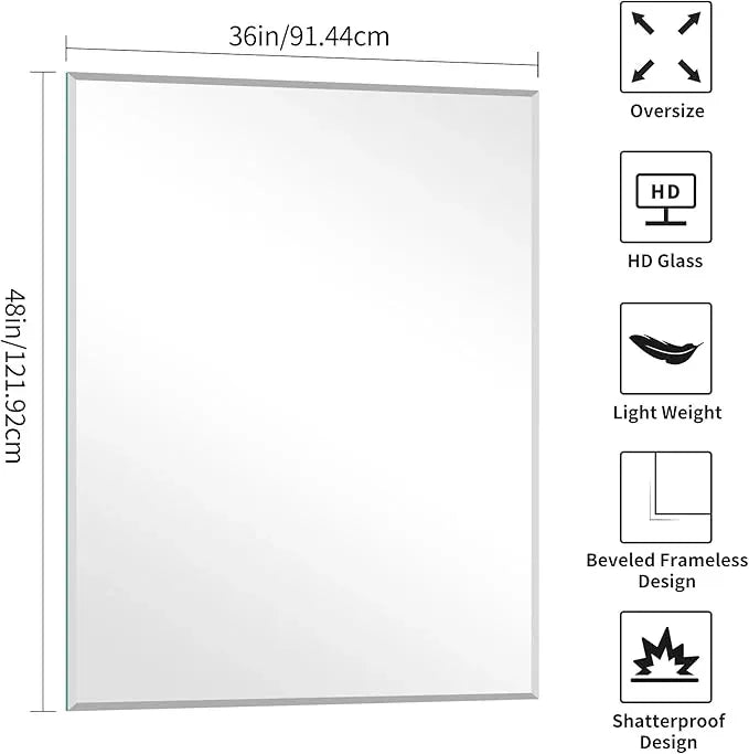 KOCUUY Beveled Mirror, 48x36 Inch Large Frameless Bathroom Mirror for Over Sink, Upgraded Shatterproof Beveled Unframed Design Mirror for Bathroom, Bedroom, Hang Horizontal/Vertical - ModernBath