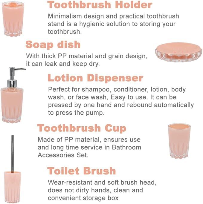 Liuonnam Bathroom Accessories Set 5-Piece Plastic Gift Set with Toilet Brush Holder, Toothbrush Holder, Toothbrush Cup, Soap Dispenser, Soap Dish(Pink) - ModernBath