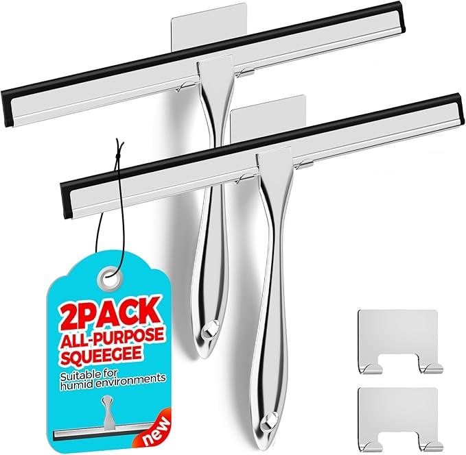 ALFLOD 2PACK 12-Inch All-Purpose Shower Squeegee for Shower Doors, Tile Shower Walls, Bathroom, Window, Glass and Car Windshield, Mirrors and Kitchen-Stainless Steel, Silver - ModernBath