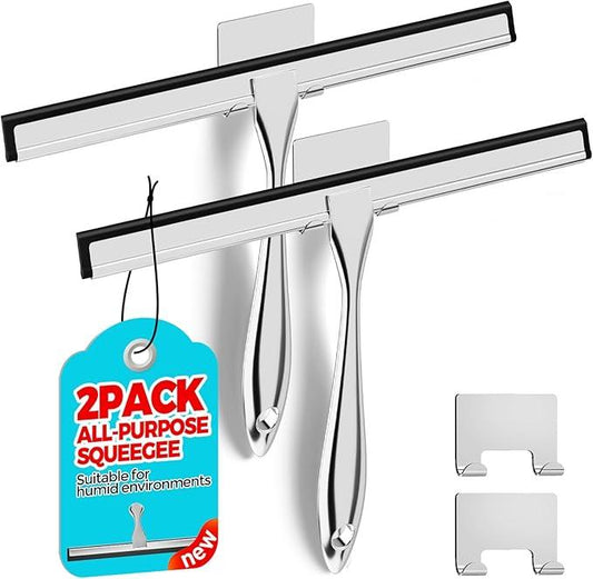 ALFLOD 2PACK 12-Inch All-Purpose Shower Squeegee for Shower Doors, Tile Shower Walls, Bathroom, Window, Glass and Car Windshield, Mirrors and Kitchen-Stainless Steel, Silver - ModernBath
