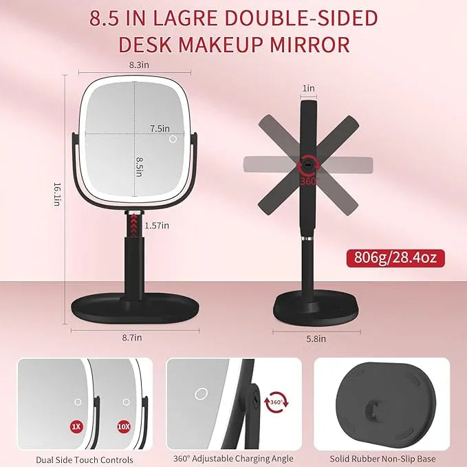 Lighted Makeup Mirror, 2600mAh Rechargeable 1x/10x Magnifying Vanity Mirror, 8.5" Height Adjustable Makeup Mirror with Lights 3 Color, 360° Rotation 2-Sided Light up Large Desk Mirror - Black - ModernBath