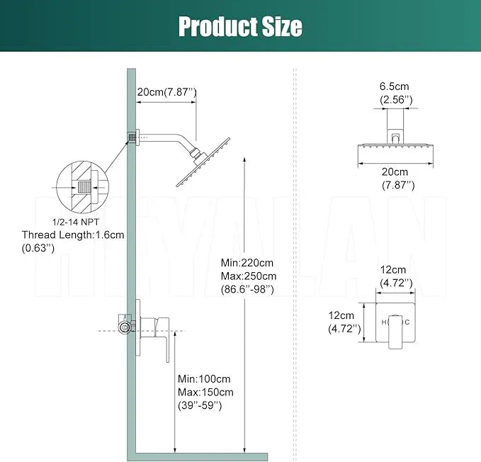 Heyalan 8 Inch Shower Head and Handle Set Square Shower Faucet Set Bathroom Rainfall Shower Faucet Set Stainless Steel Showerhead Single Function Shower Trim Kit,Male Thread Valve,Polished Chrome - ModernBath