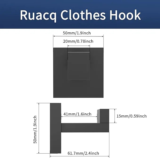 Ruacq Towel Hooks for Bathrooms, Heavy Duty Stainless Steel Square Bathroom Hooks, Wall Mounted Towel Hanger for Robe & Coat, Ideal for Kitchen, Bedroom, and Hotel Use(Matte Black, 2 Pack) - ModernBath