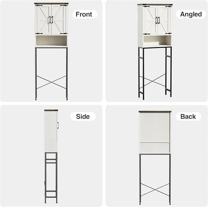 Over The Toilet Storage Cabinet with Farmhouse Doors and Adjustable Shelf, Tall Bathroom Organizer with Metal Stand Space Saver Over Toilet , Wood Rack for Bathroom, Restroom, Laundry, White - ModernBath