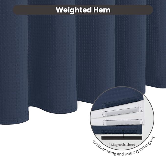 Inhousolu No Hook Waffle Weave Shower Curtain with Removable Snap in Fabric Liner Set for Bathroom, 230 GSM Heavy Duty Weighted Hem, Water Repellent Washable Bath Curtains, 72 x 72 Inch, Navy Blue - ModernBath