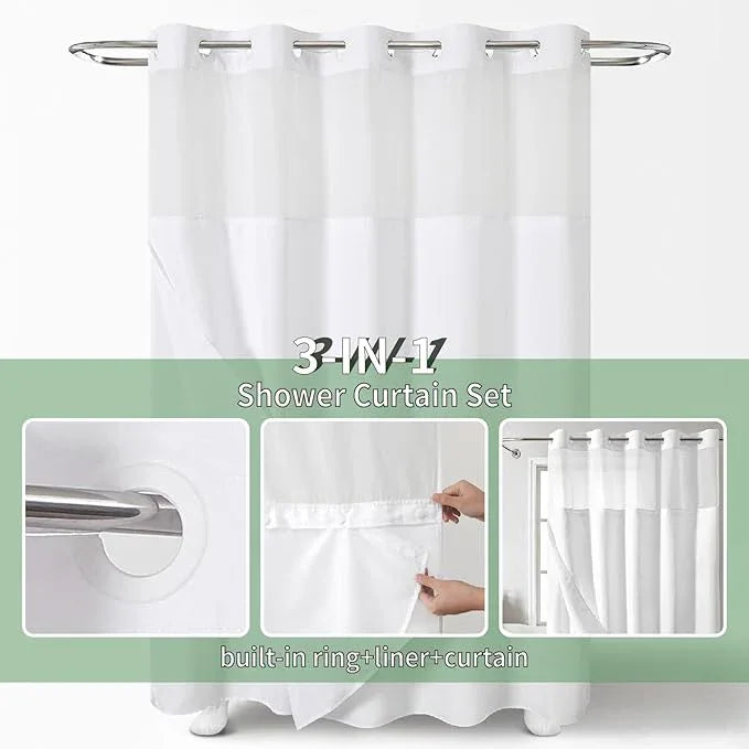 eachope White No Hook Shower Curtain with Snap-in Fabric Liner Set,Slub Textured Fabric Shower Curtains for Bathroom,Hotel Style Modern Shower Curtain,Water Repellent & Washable,71x74(72) - ModernBath