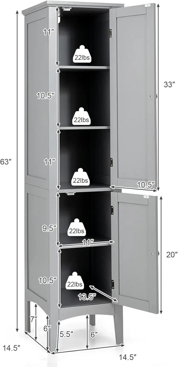 Giantex Storage Cabinet, Bathroom High Cabinet with 5 Tier Storage Shelves, Narrow Tall Organizer for Bathroom, Kitchen, Living Room,Linen Tower, Freestanding Slim Floor Cabinet, Grey - ModernBath