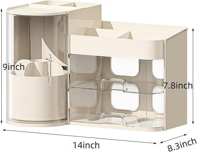 Makeup Organizer with Rotating Brush Holder Cosmetic Organizer with Drawers Countertop Skincare Organizer for Vanity,Cosmetic Display Case Storage (Cream, Large) - ModernBath