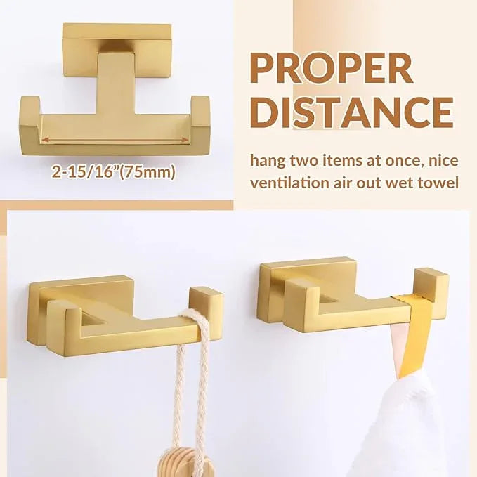 APLusee Double Bath Towel Hook 2 Pack, Solid Stainless Steel Square Dual Coat Holder, Modern Bathroom Kitchen Storage Hanger Wall Mounted, Brushed Gold - ModernBath
