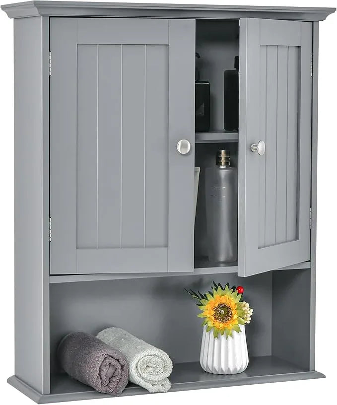 Tangkula Bathroom Wall Cabinet, Wooden Hanging Cabinet with Doors & Shelves, Multipurpose Storage Cabinet for Restroom Kitchen Living Room, Wall Mounted Bathroom Medicine Cabinet (Grey) - ModernBath