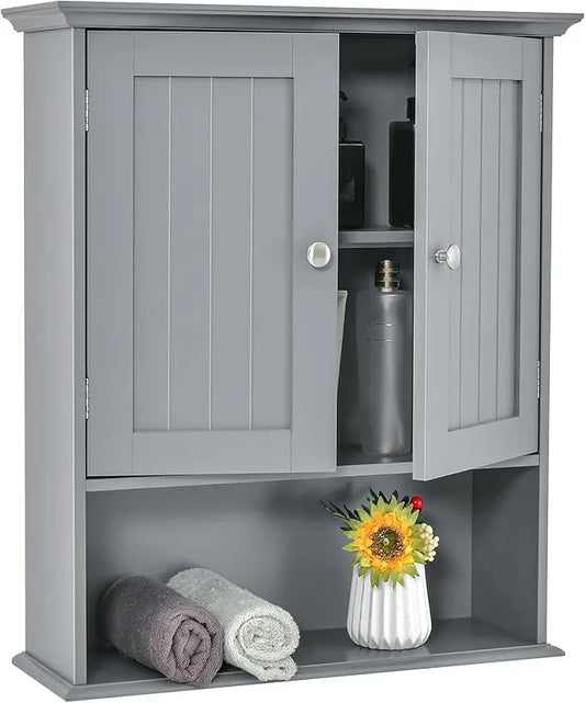 Tangkula Bathroom Wall Cabinet, Wooden Hanging Cabinet with Doors & Shelves, Multipurpose Storage Cabinet for Restroom Kitchen Living Room, Wall Mounted Bathroom Medicine Cabinet (Grey) - ModernBath