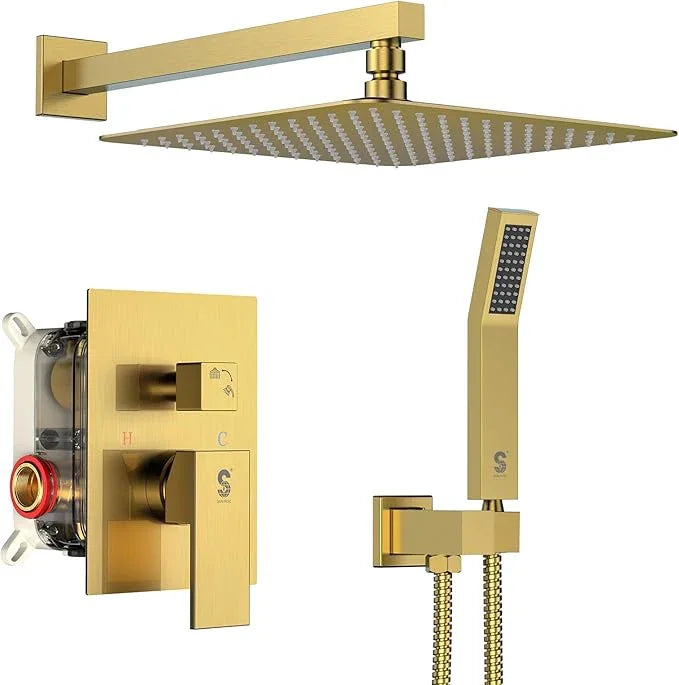 SR SUN RISE 12 Inches Bathroom Luxury Rain Mixer Shower Combo Set Wall Mounted Rainfall Shower Head System Brushed Nickel Finish Shower Faucet Rough-In (12 Inch, Brushed Gold) - ModernBath