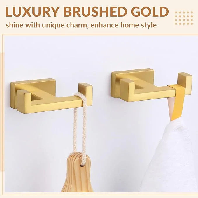APLusee Double Bath Towel Hook 2 Pack, Solid Stainless Steel Square Dual Coat Holder, Modern Bathroom Kitchen Storage Hanger Wall Mounted, Brushed Gold - ModernBath