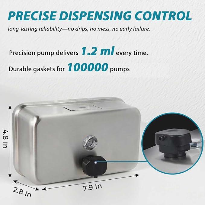Commercial Soap Dispenser Wall Mount – Antirust Stainless Steel Soap Dispenser Liquid 38.8oz Large Capacity (Horizontal), Anti-Leak SUS304 Brushed Metal for Bathroom & High-Traffic Areas - ModernBath