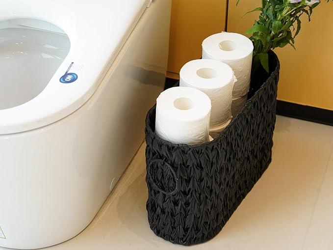 Coeusy Black Toilet Paper Storage Basket,Large Free Standing Toilet Paper Organizer,Waterproof Narrow Wicker Basket for Bathroom,Under Sink,or Cabinet - ModernBath